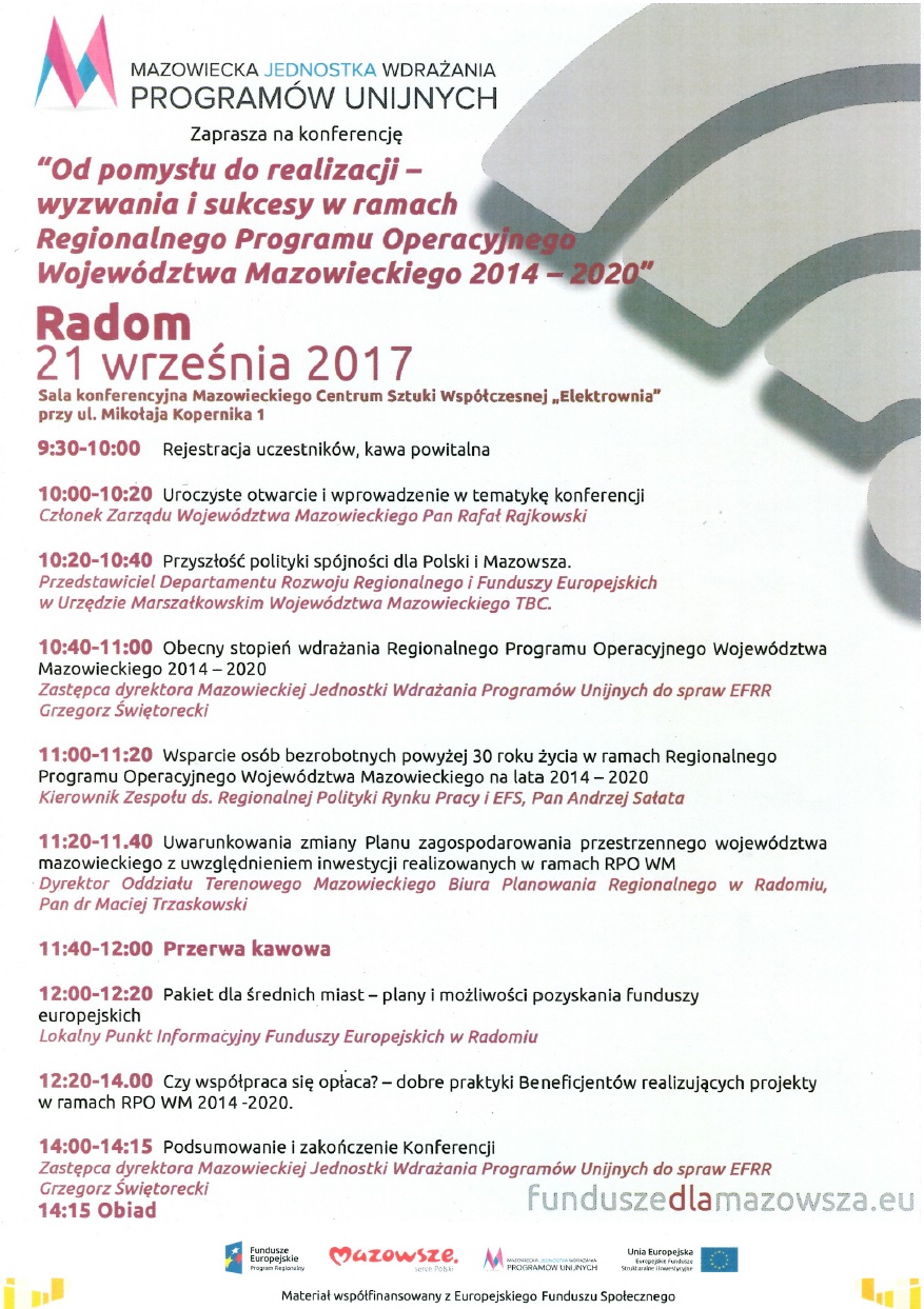 Konferencja Od pomysłu do realizacji - wyzwania i sukcesy w ramach Regionalnego Programu Operacyjnego Województwa Mazowieckiego 2014-2020, plakat